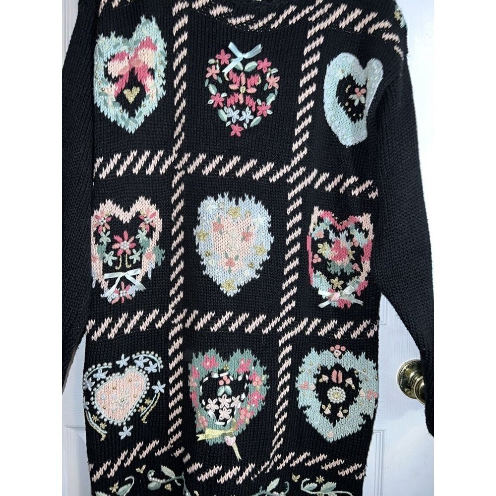 Vintage 90s Katie Lee Heart COTTAGECORE Knitted Tunic Sweater Embellished - Picture 2 of 12